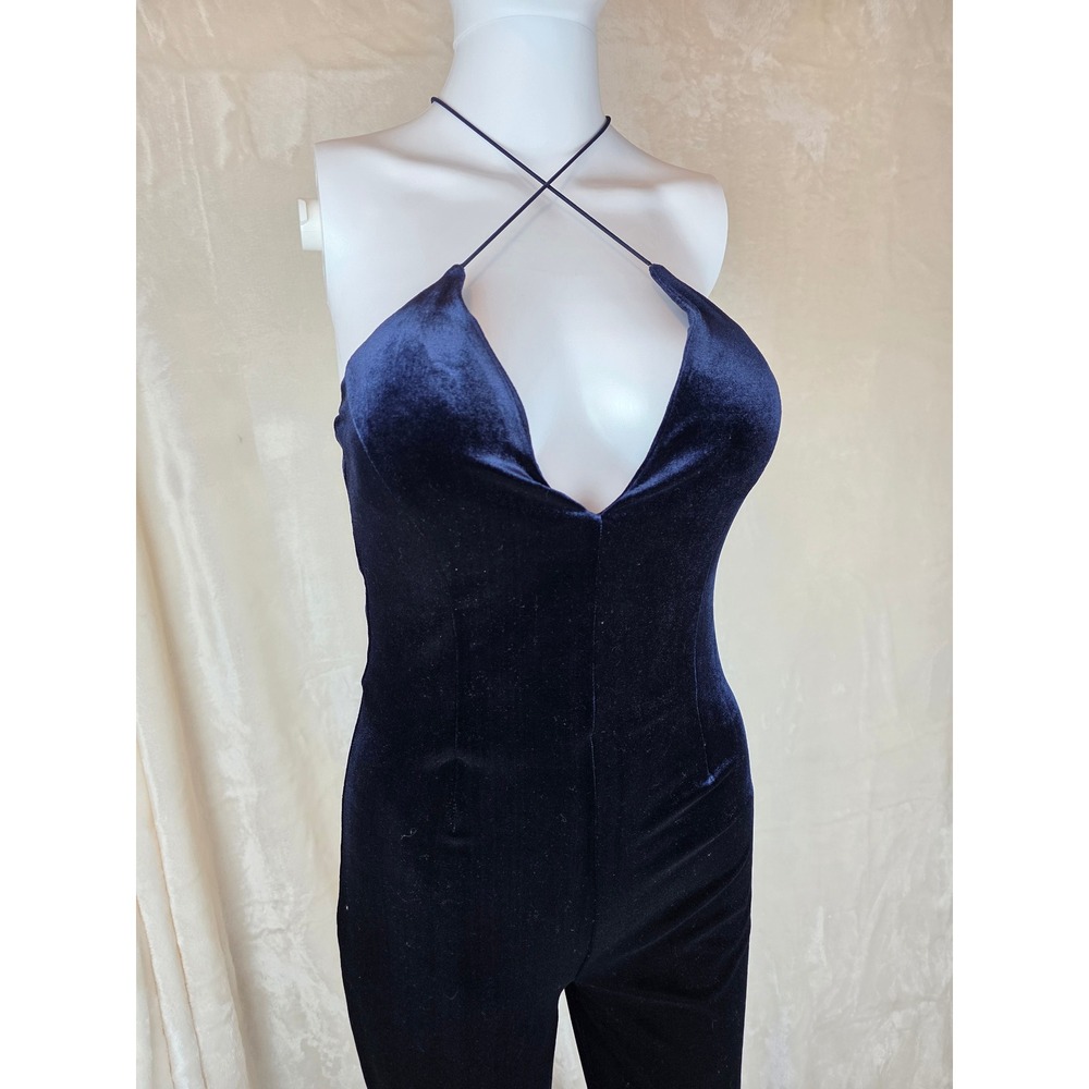 Navy Blue Velvet Plunge‎ Halter Jumpsuit Elegant Evening Party